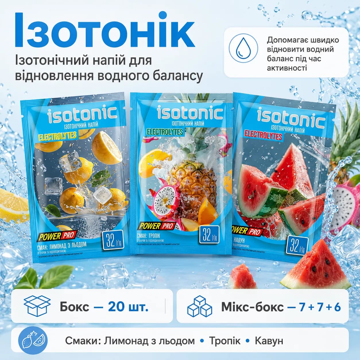 Power Pro Isotonic Mix Box — ізотонік з електролітами та вітамінами, 20 шт.
